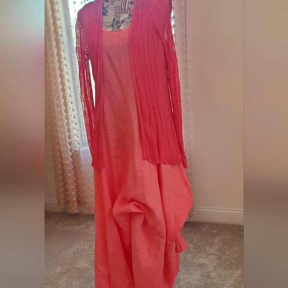 Eileen Fisher 3 Pc,Watermelon Maxi Dress, Matching Sweater, and Slip - Picture 10 of 12